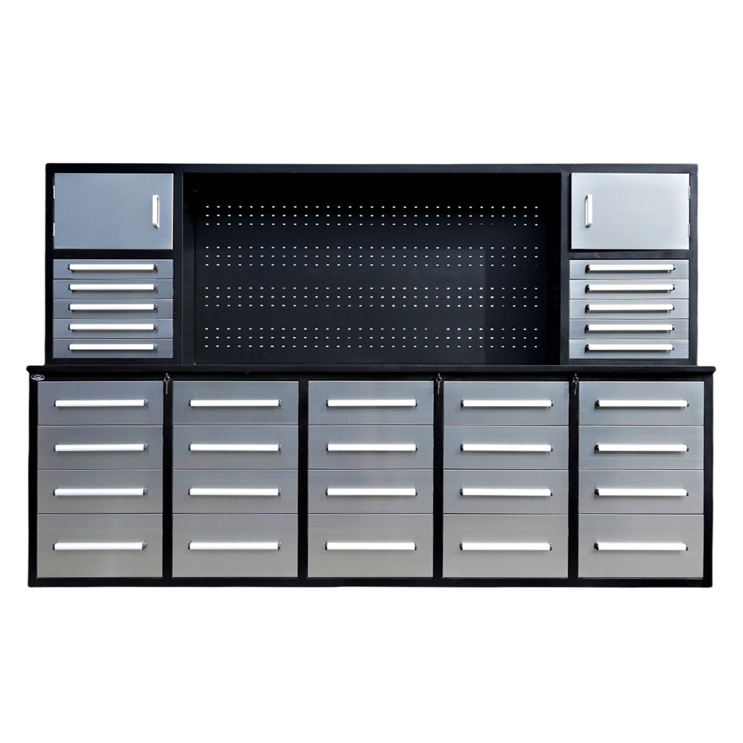 Chery Industrial 10ft Workbench Cabinet(30 Drawers, 2 Cabinets & 1 Pegboard)