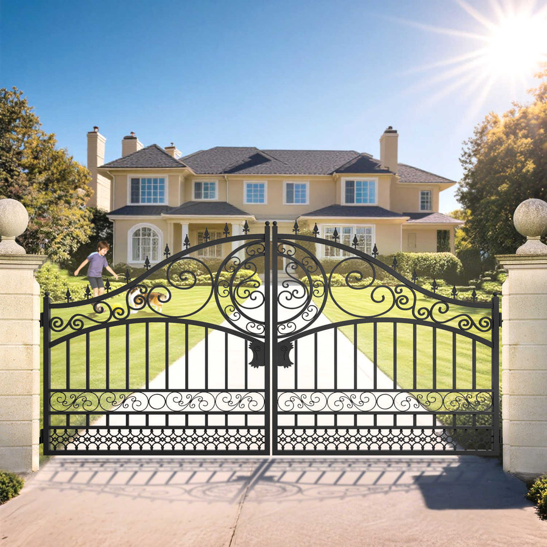 Greatbear 14x8 ft Steel Dual Swing Driveway Gate-European Style - Serenity Provision