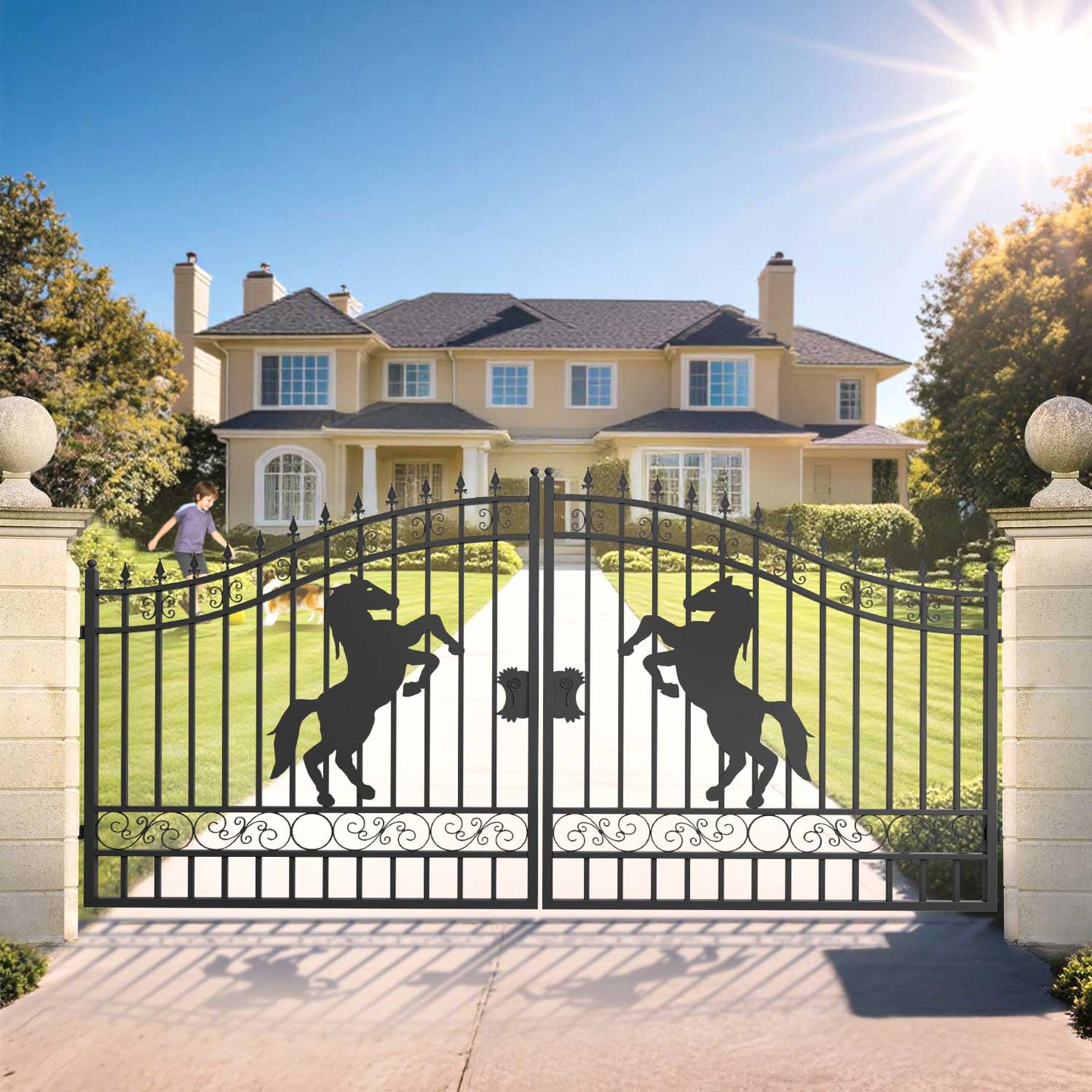 Greatbear 14x8 ft Steel Dual Swing Driveway Gate with Horse Pattern - Serenity Provision