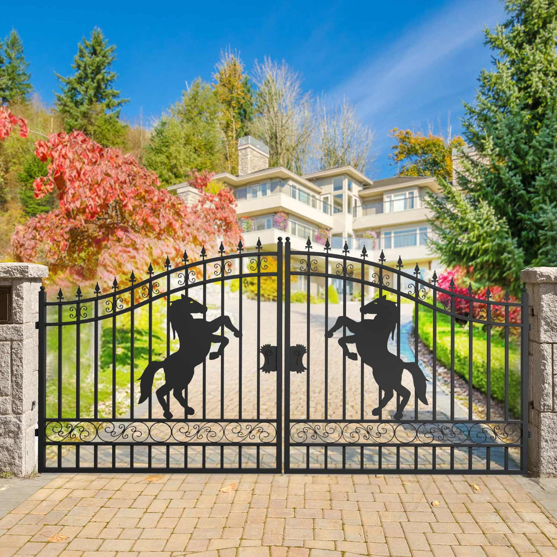 Greatbear 14x8 ft Steel Dual Swing Driveway Gate with Horse Pattern - Serenity Provision