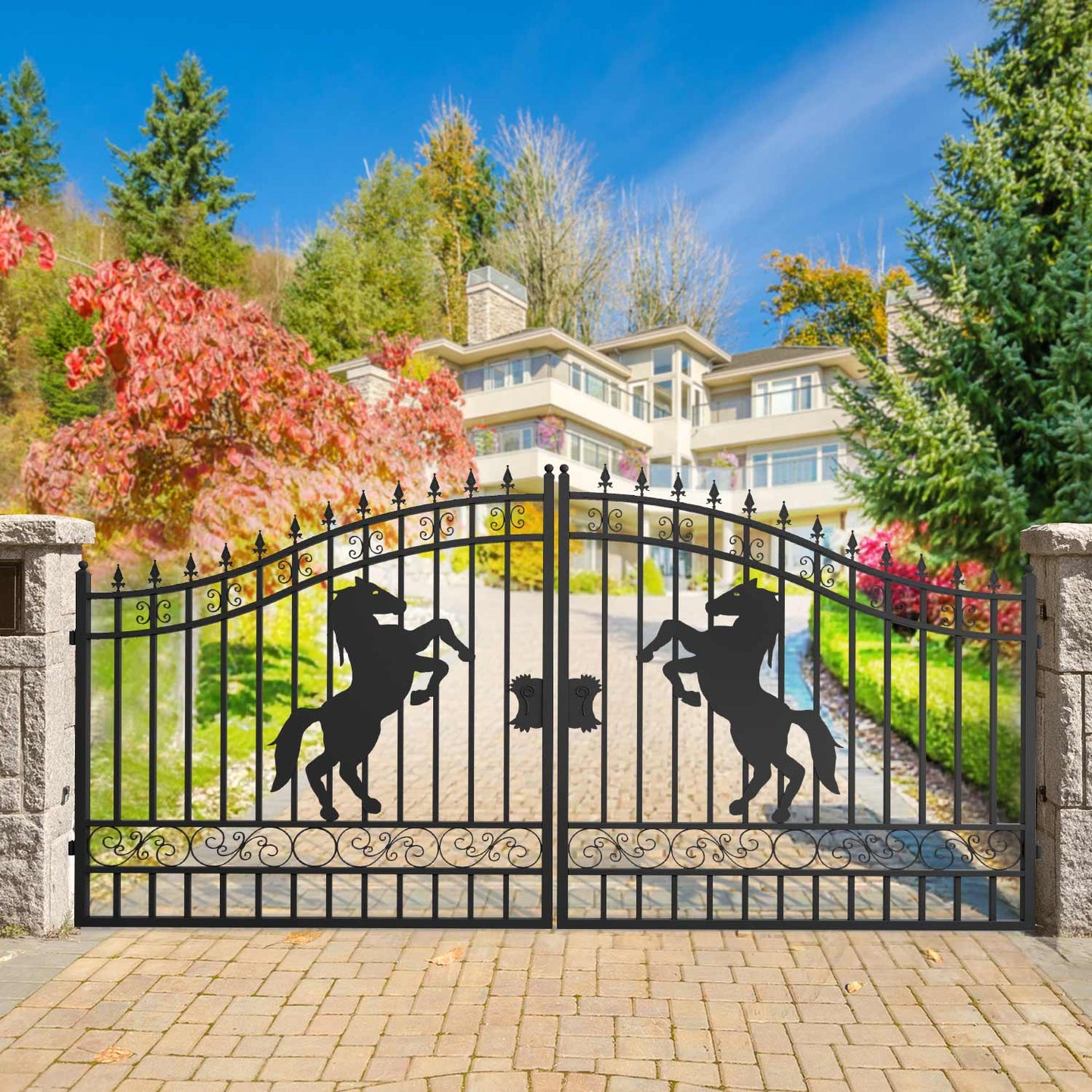 Greatbear 14x8 ft Steel Dual Swing Driveway Gate with Horse Pattern - Serenity Provision