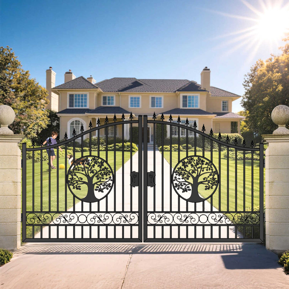 Greatbear 14x8 ft Steel Dual Swing Driveway Gate with Wider Goalposts - Serenity Provision