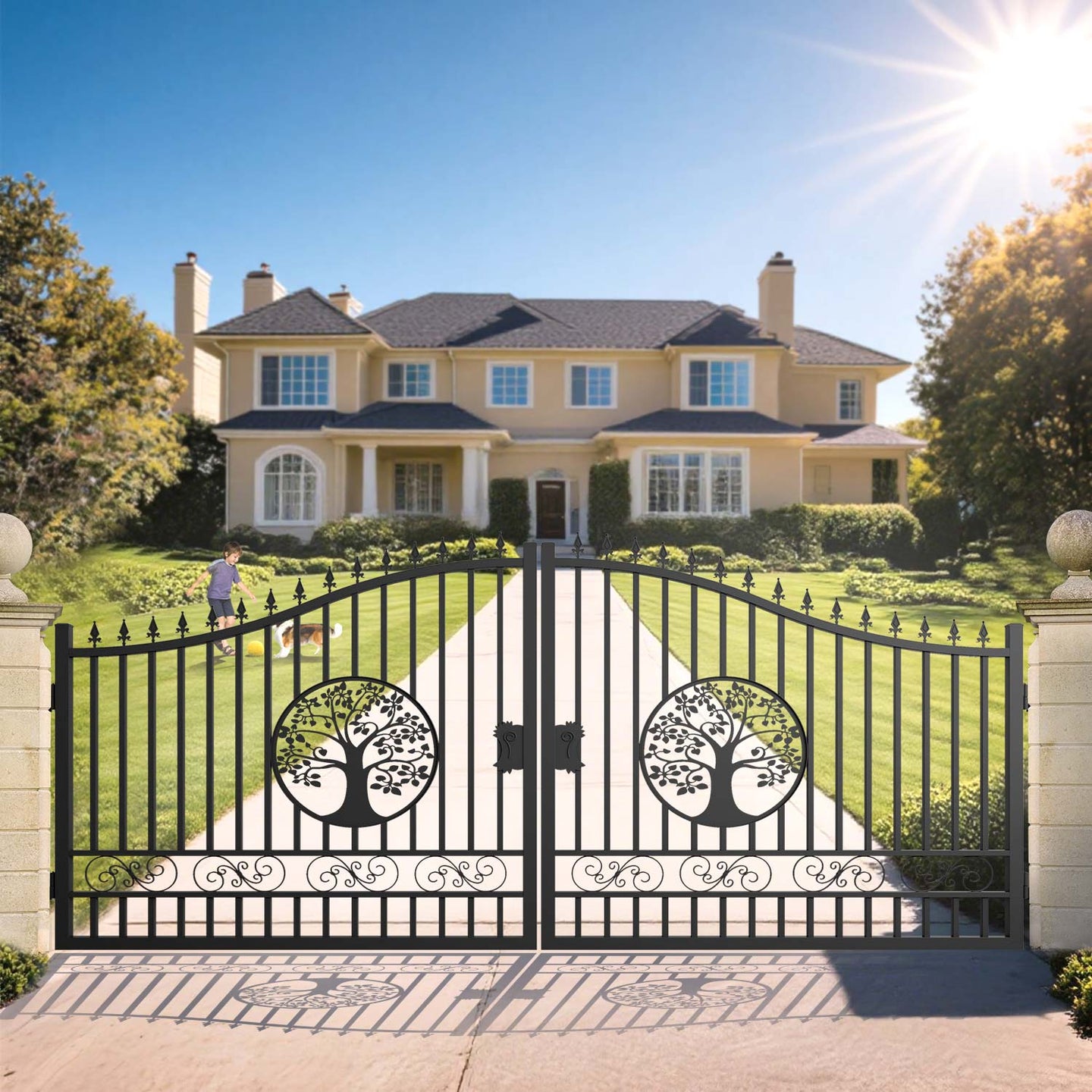 Greatbear 16x8 ft Steel Dual Swing Driveway Gate with Tree Pattern - Serenity Provision