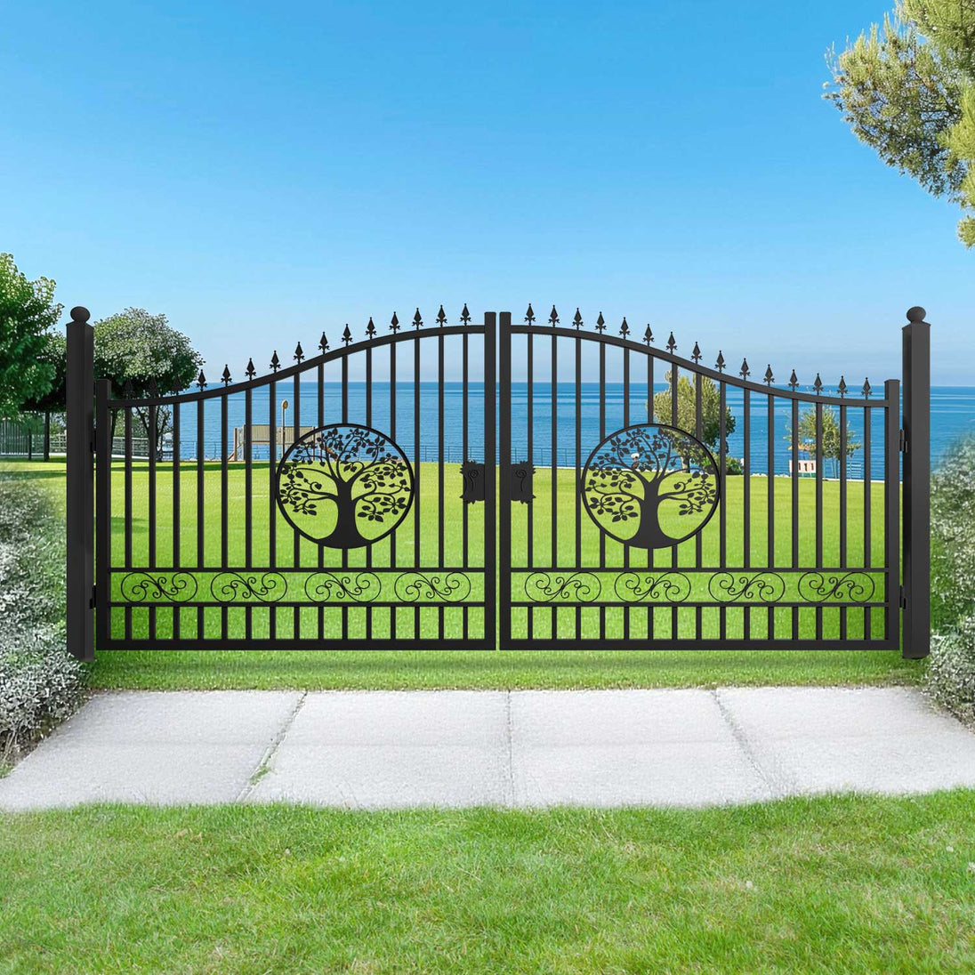 Greatbear 16x8 ft Steel Dual Swing Driveway Gate with Tree Pattern - Serenity Provision