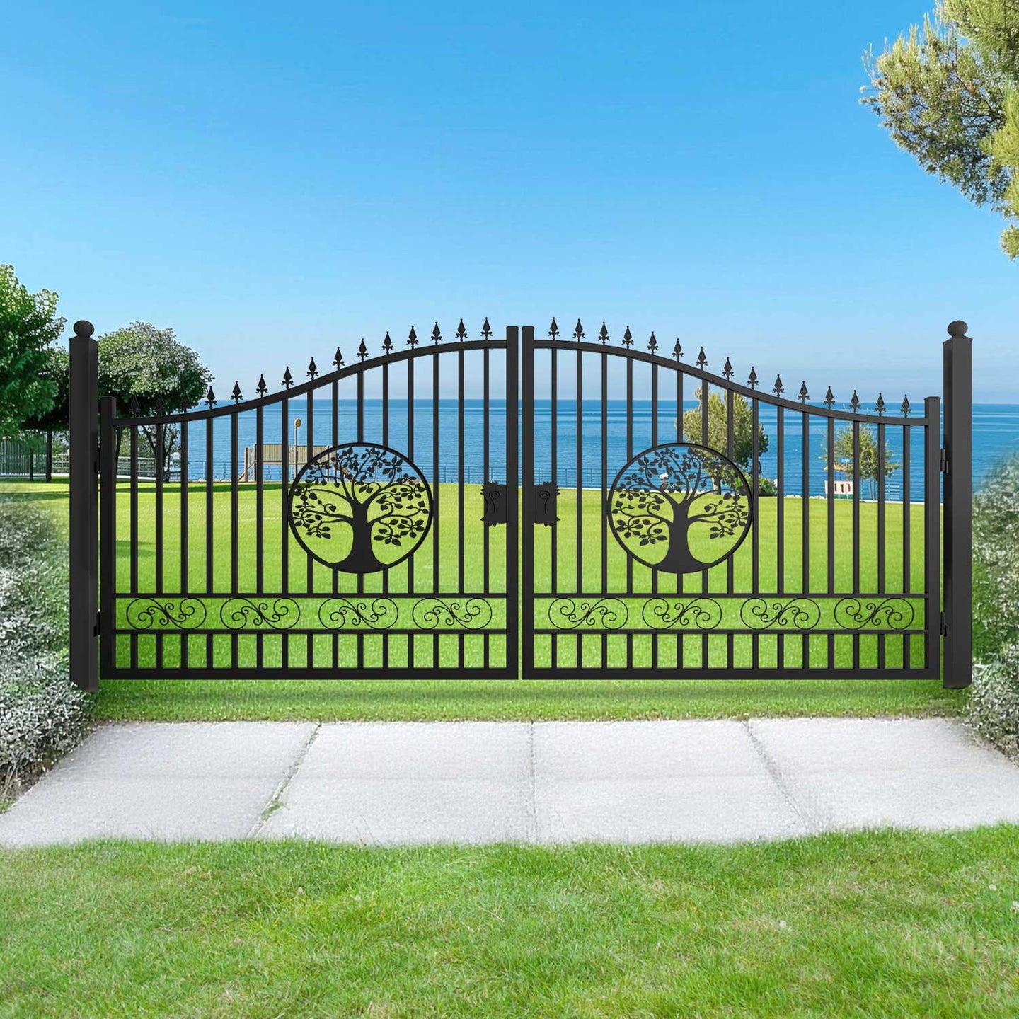 Greatbear 16x8 ft Steel Dual Swing Driveway Gate with Tree Pattern - Serenity Provision