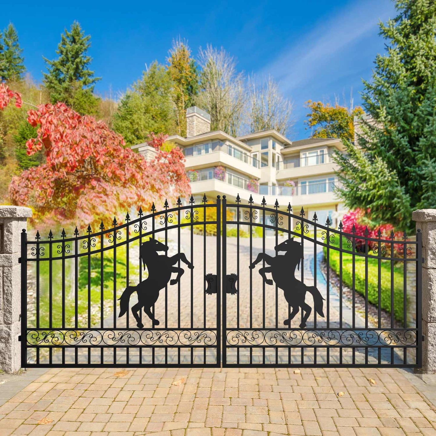 Greatbear 16x7 ft Steel Dual Swing Driveway Gate with Horse Pattern - Serenity Provision