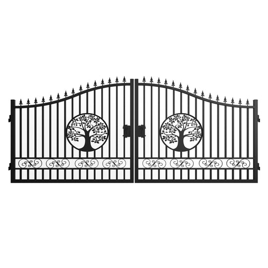 Greatbear 16x8 ft Steel Dual Swing Driveway Gate with Tree Pattern - Serenity Provision