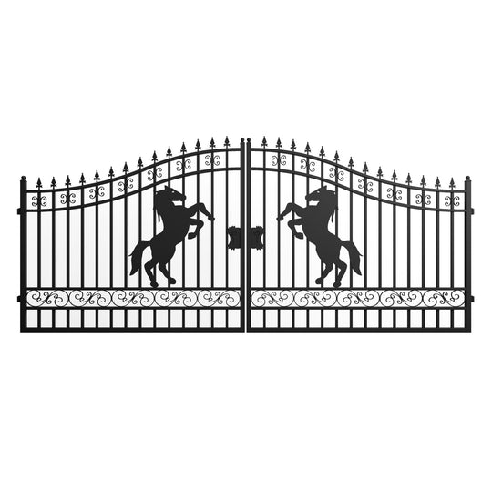 Greatbear 16x7 ft Steel Dual Swing Driveway Gate with Horse Pattern - Serenity Provision