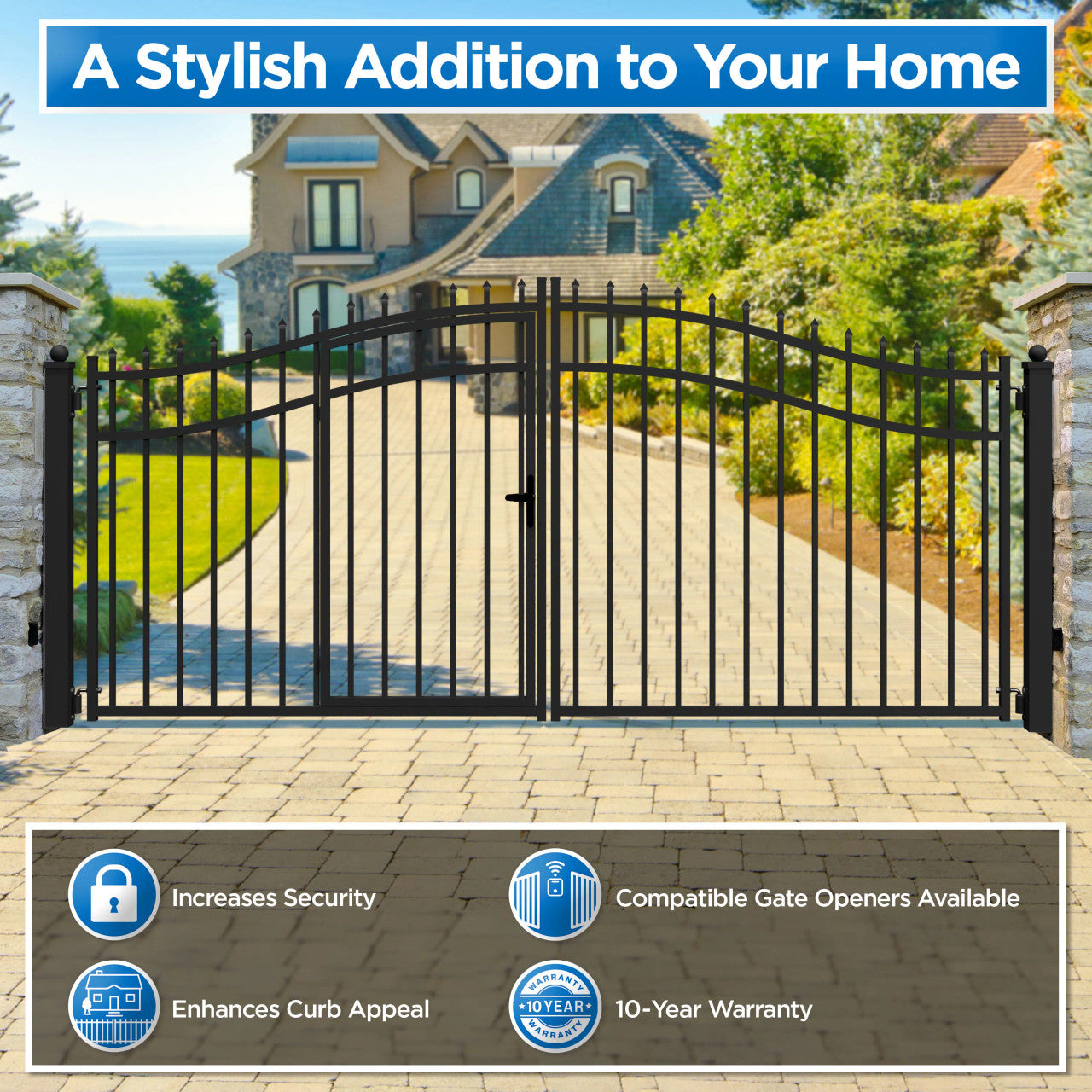 Greatbear 18x7 ft Steel Dual Swing Driveway Gate with Pedestrian Door - Serenity Provision