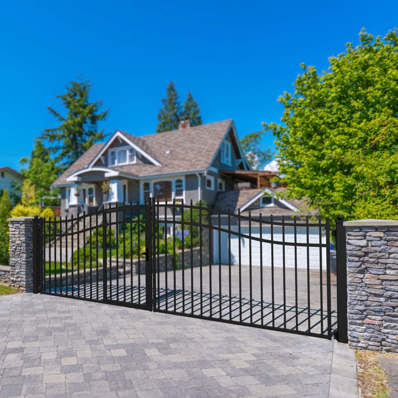 Greatbear 18x7 ft Steel Dual Swing Driveway Gate with Pedestrian Door - Serenity Provision