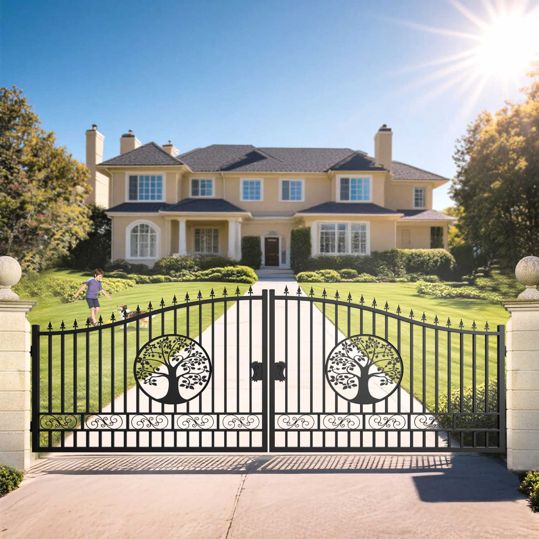 Greatbear 20x8 ft Steel Dual Swing Driveway Gate with Wider Goalposts - Serenity Provision