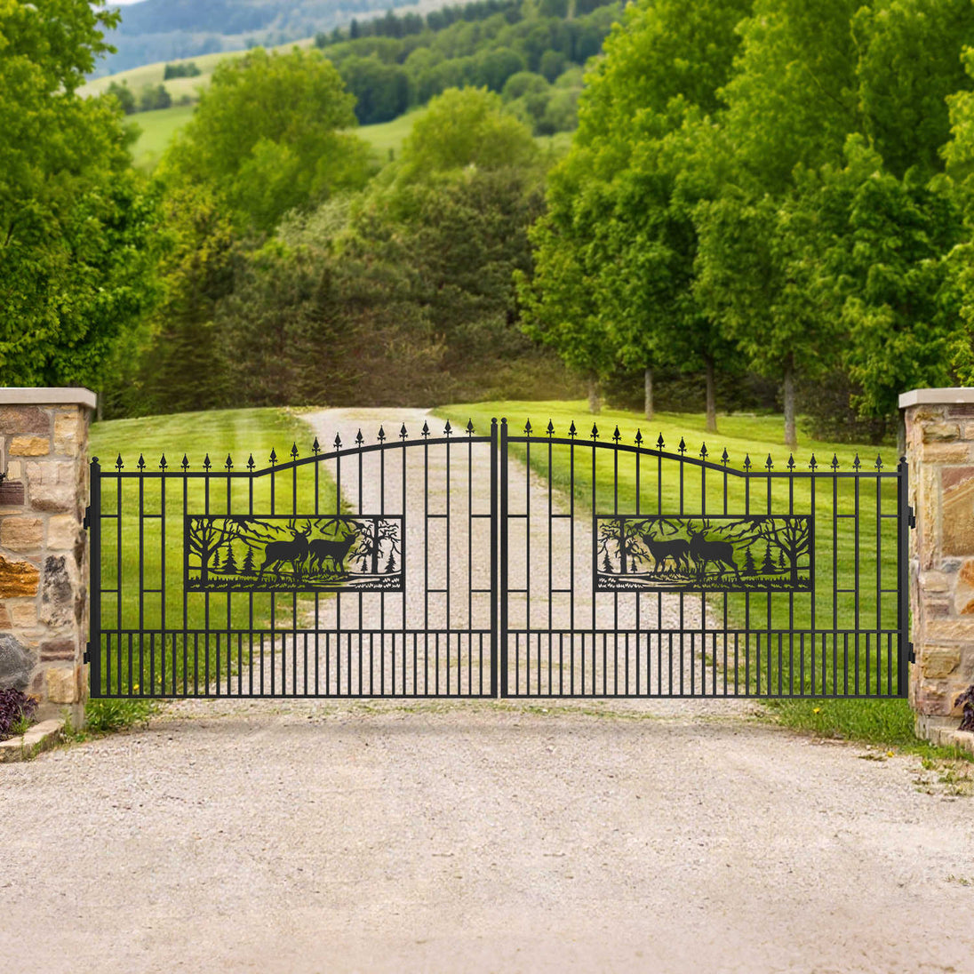 Greatbear 18x7 ft Steel Dual Swing Driveway Gate with Rectangular Deer Pattern - Serenity Provision