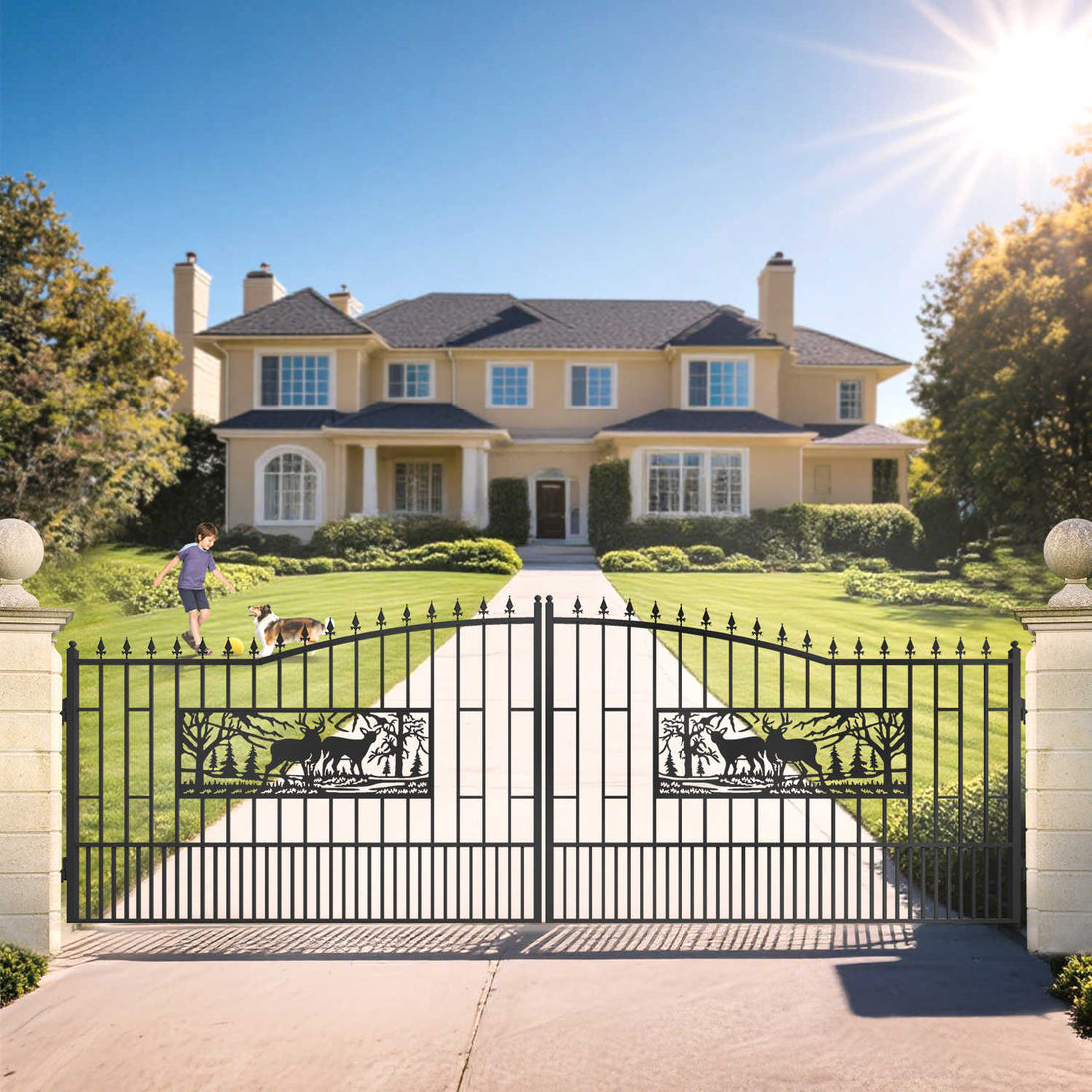Greatbear 18x7 ft Steel Dual Swing Driveway Gate with Rectangular Deer Pattern - Serenity Provision