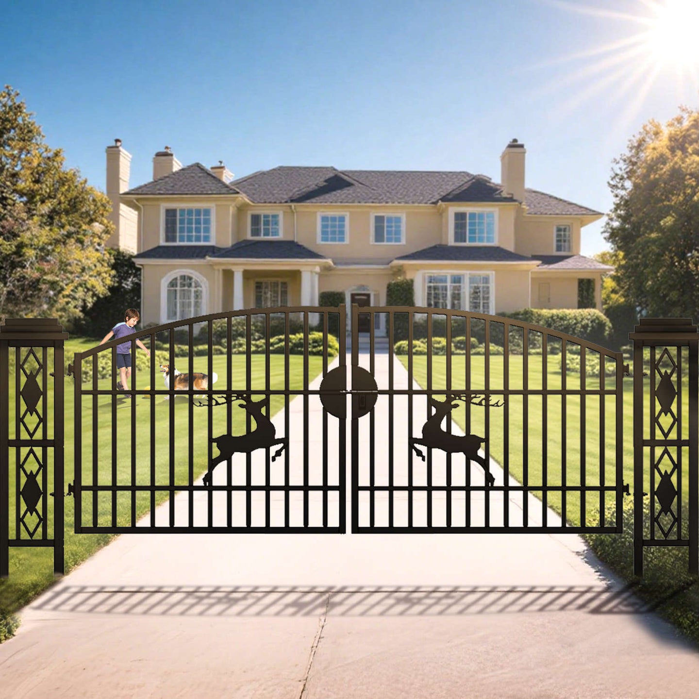 Greatbear 20x8 ft Dual Swing Driveway Gate with Ornamental Posts - Serenity Provision