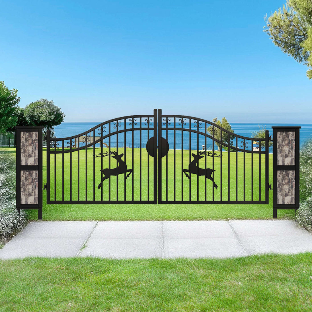 Greatbear 20x8 ft Dual Swing Driveway Gate with Ornamental Posts - Serenity Provision