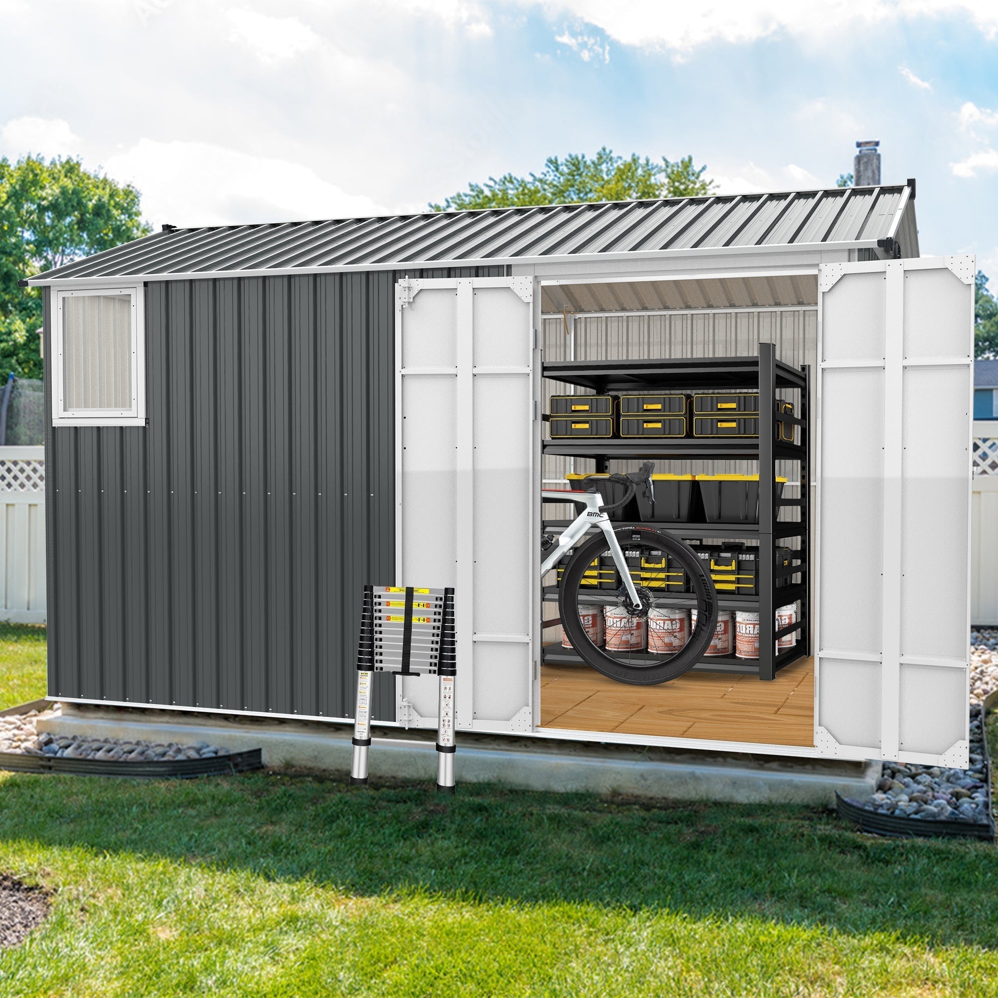 8'x12' Metal Storage Shed with Floor, Window & Swing Doors