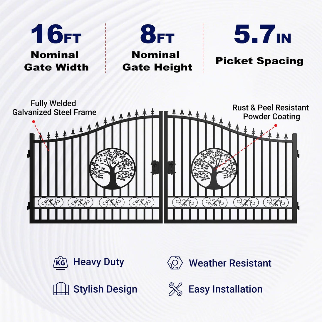 Greatbear 16x8 ft Steel Dual Swing Driveway Gate with Tree Pattern - Serenity Provision