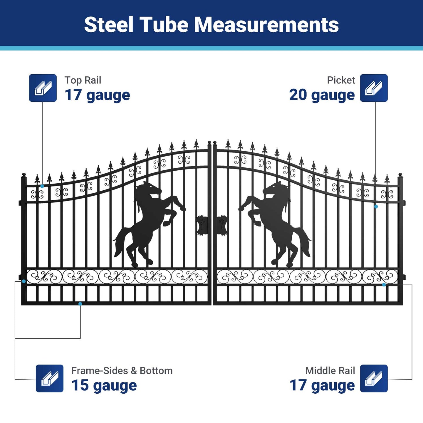 Greatbear 16x7 ft Steel Dual Swing Driveway Gate with Horse Pattern - Serenity Provision