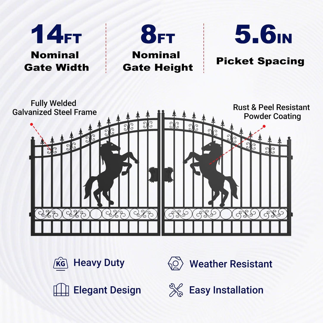 Greatbear 14x8 ft Steel Dual Swing Driveway Gate with Horse Pattern - Serenity Provision