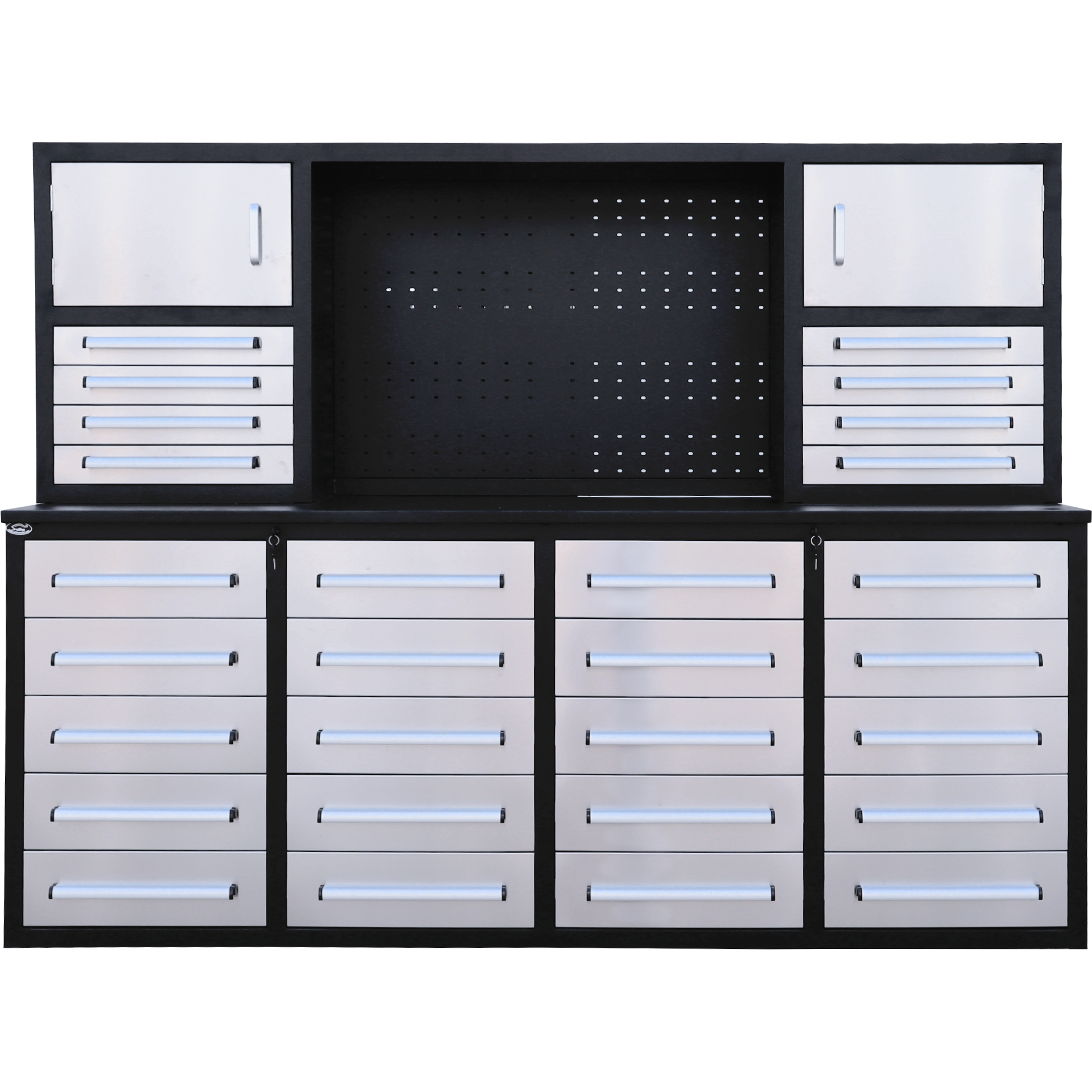 Chery Industrial 7ft Garage Workbench Cabinet (28 Drawers & Pegboard)