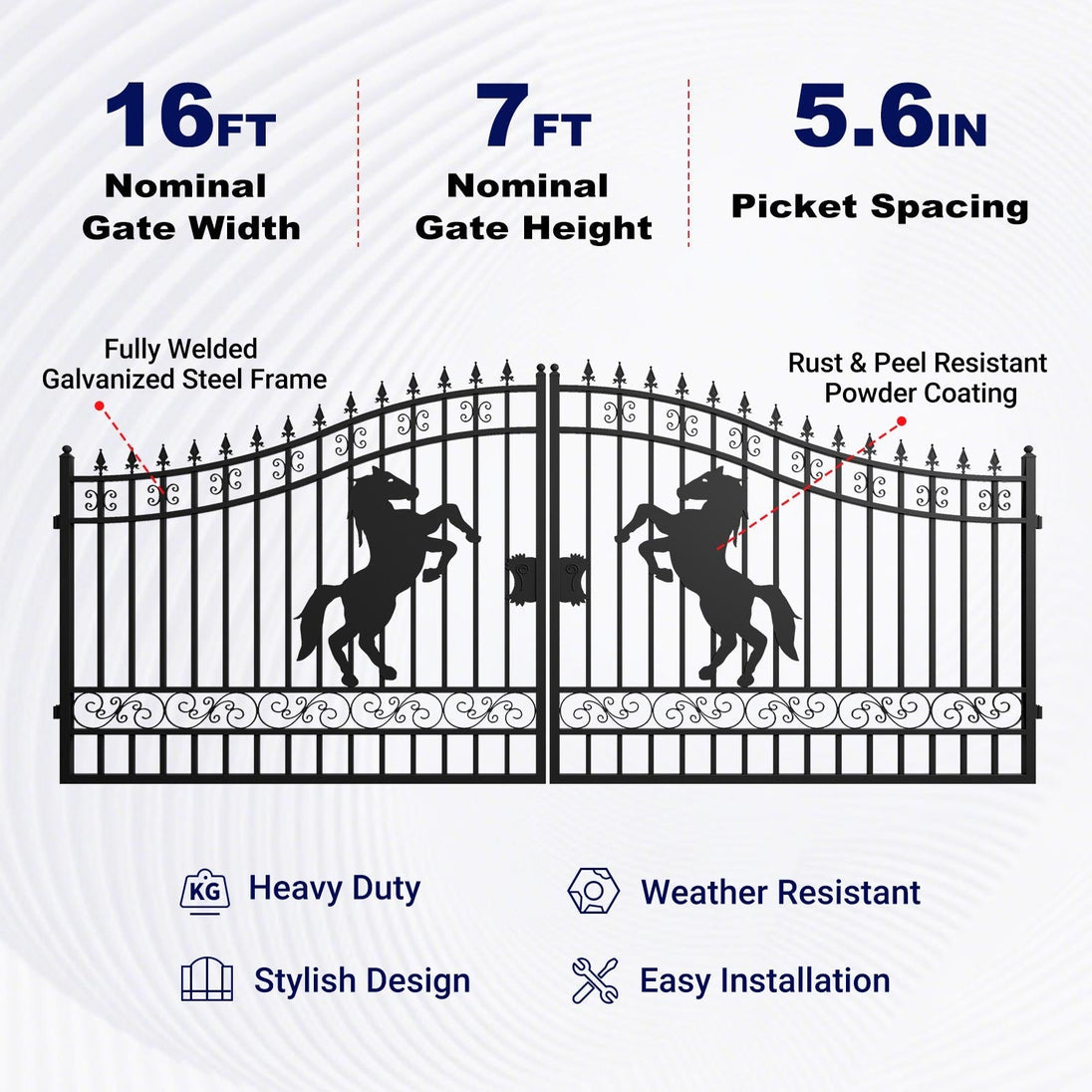 Greatbear 16x7 ft Steel Dual Swing Driveway Gate with Horse Pattern - Serenity Provision