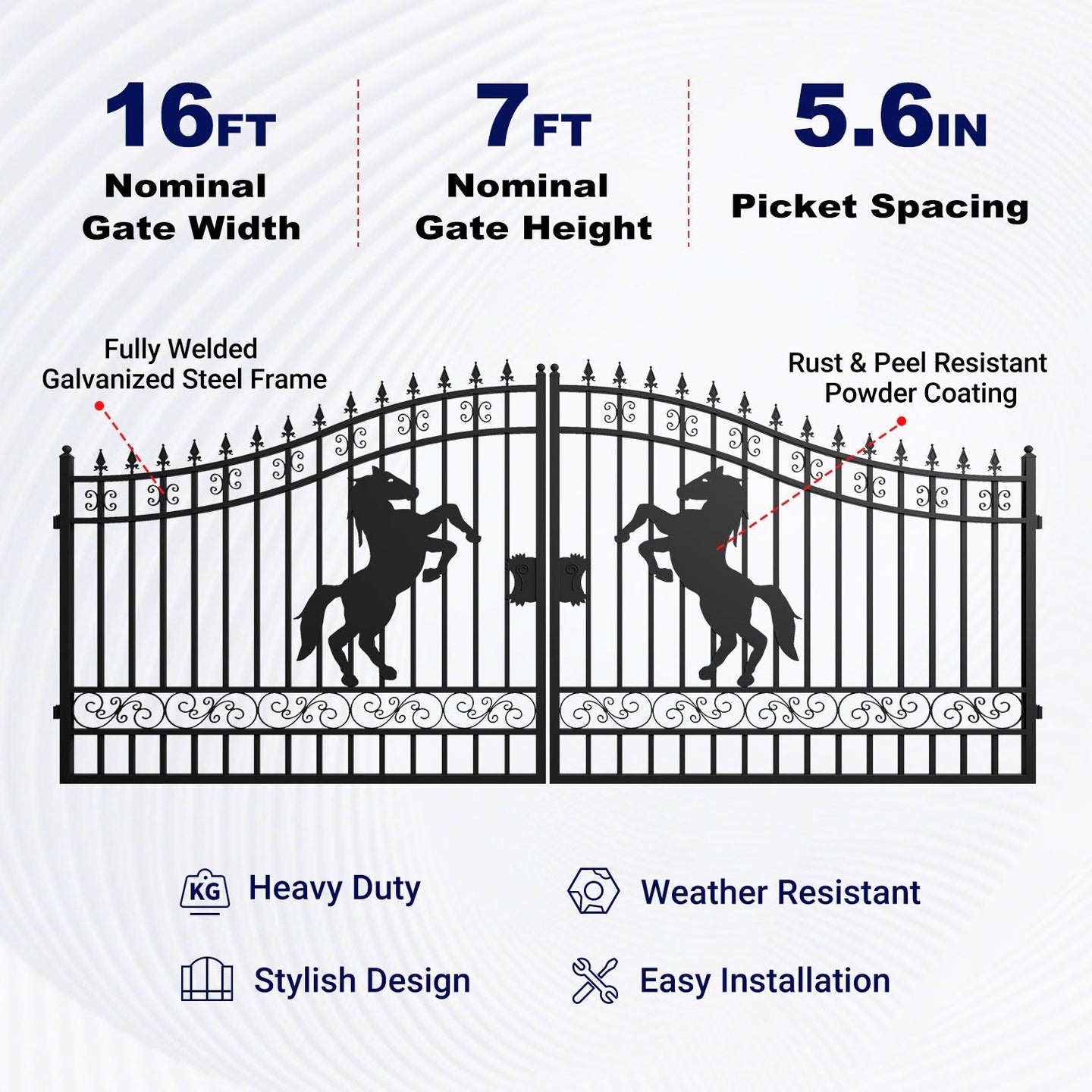 Greatbear 16x7 ft Steel Dual Swing Driveway Gate with Horse Pattern - Serenity Provision