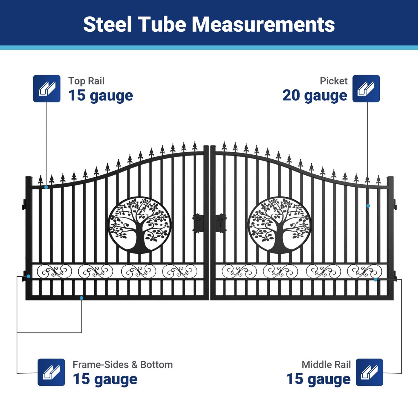 Greatbear 16x8 ft Steel Dual Swing Driveway Gate with Tree Pattern - Serenity Provision